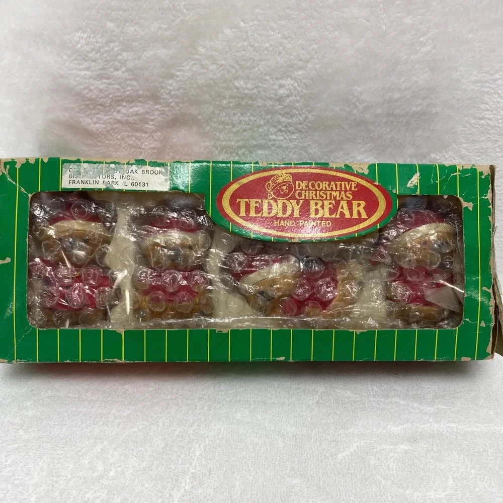 VTG Dept 56 Set of 4 Christmas Teddy Bear Hand Painted Ornaments Santa‎